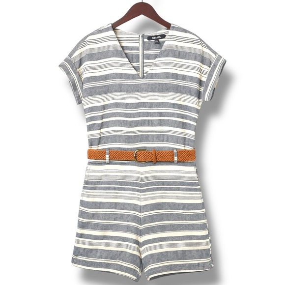 Madewell Womens Linen Blend Romper S Blue White Striped No Belt‎ Coastal Resort - Picture 1 of 9